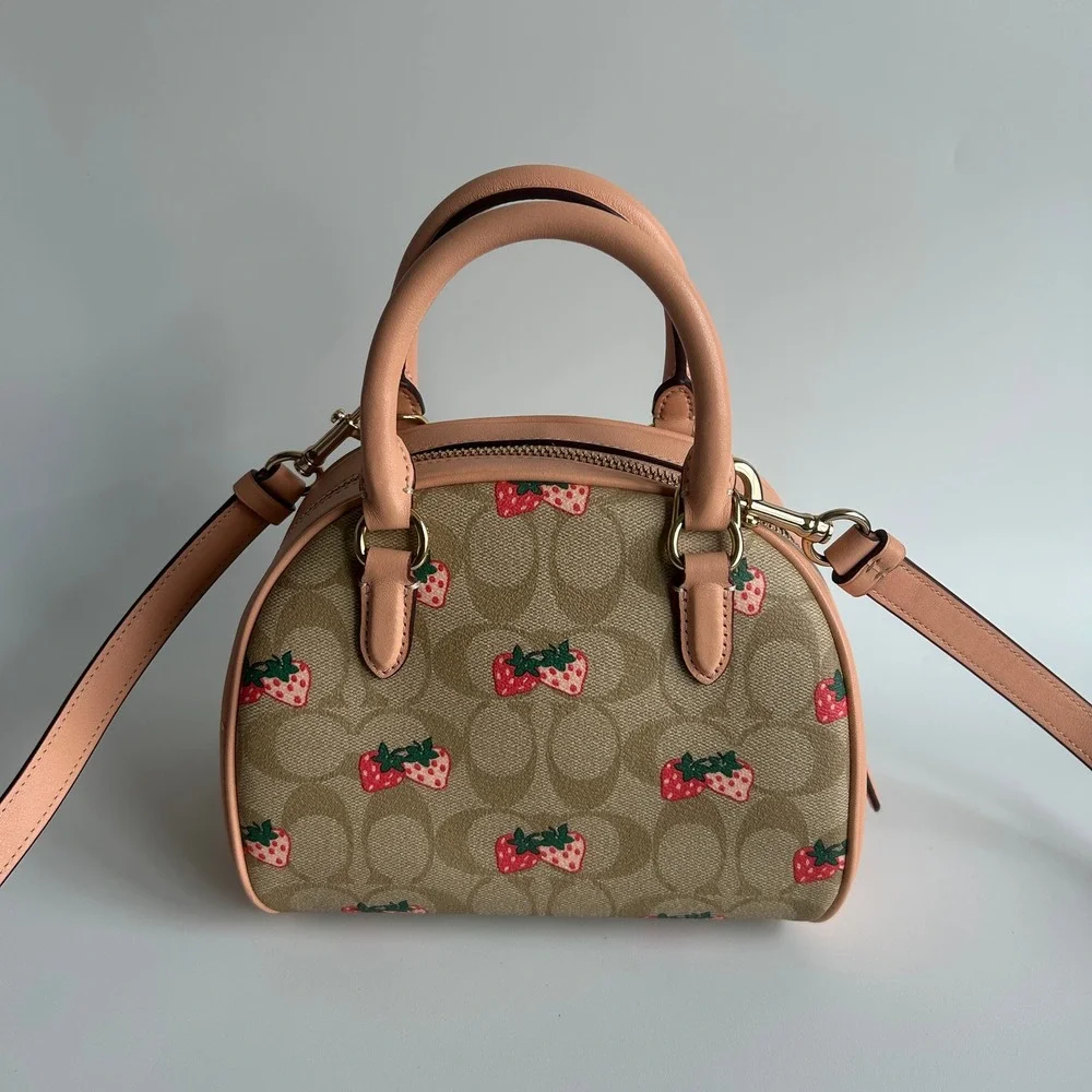 Coach Sydney Satchel Khaki Strawberry Signature Canvas Leather Bag CB596